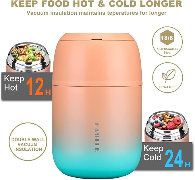 Insulated Food Container 17 oz Soup Thermo for Hot Food Adults, Stainless Steel Vacuum Lunch Box with Folding Spoon, Adult Kids Thermo Portable with Handle for School, Office, Outdoor