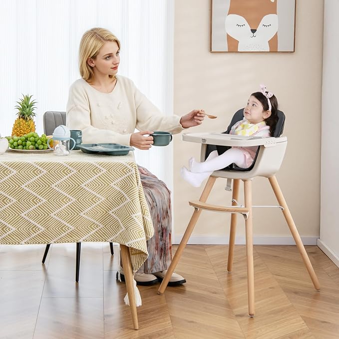BABY JOY Baby High Chair, 3-in-1 Convertible Wooden Highchair for Babies & Toddlers, Infant Feeding Chair w/ 5-Point Safety Harness, Footrest, Adjustable Legs, Removable Tray & PU Cushion (Black)