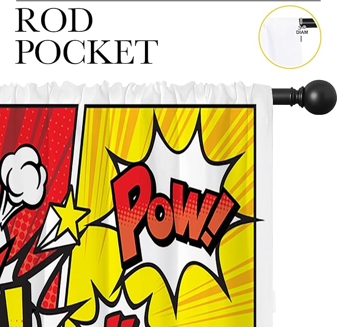 Superhero City Wars Explosion Rod Pocket Blackout Curtains for Boy Girl Bedroom, Colorful Comics Ar Thermal Insulated Home Window Drapes for Living Room Darkening, 42x45 inch