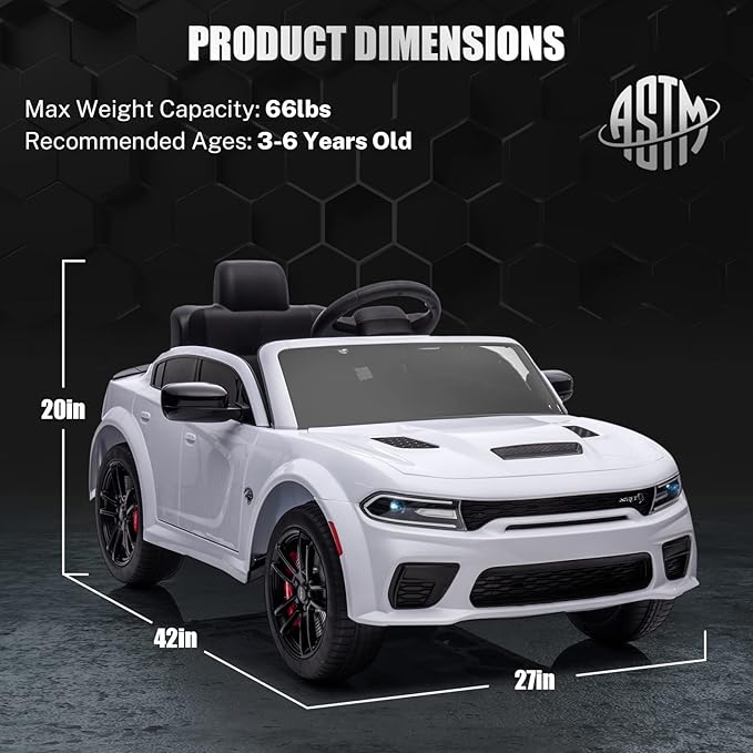 12V 7Ah Kids Electric Ride on Car, Licensed Dodge Charger SRT Hellcat, Battery Powered 4-Wheels Toy Car Electric Vehicle for Kids with Remote Control, 3 Speeds, LED Lights, Music (White)