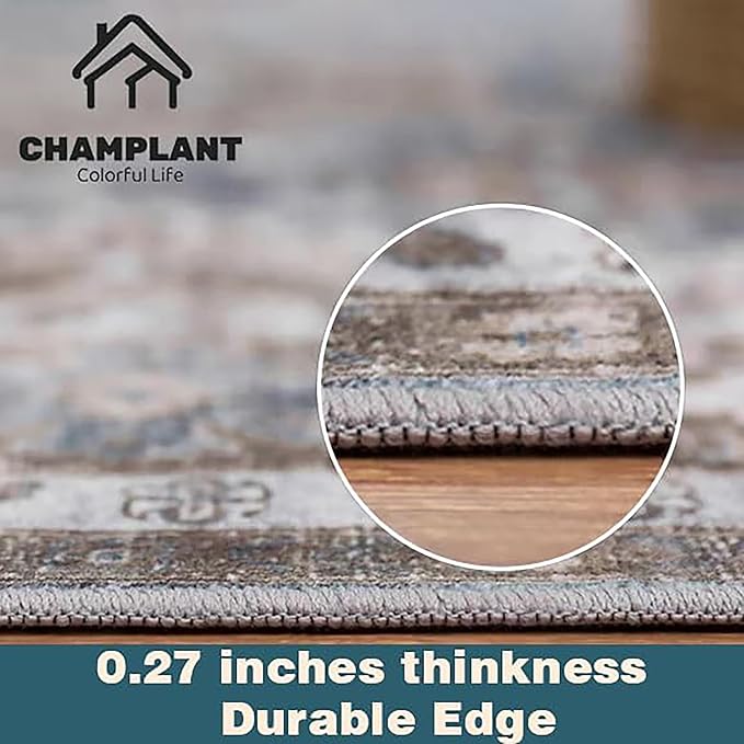 Area Rug 9x12 Washable Gray Vintage Traditional Mat Distressed Indoor Foldable Thin Retro Accent Floral Non Slip Carpet for Living Room Dining Room Office