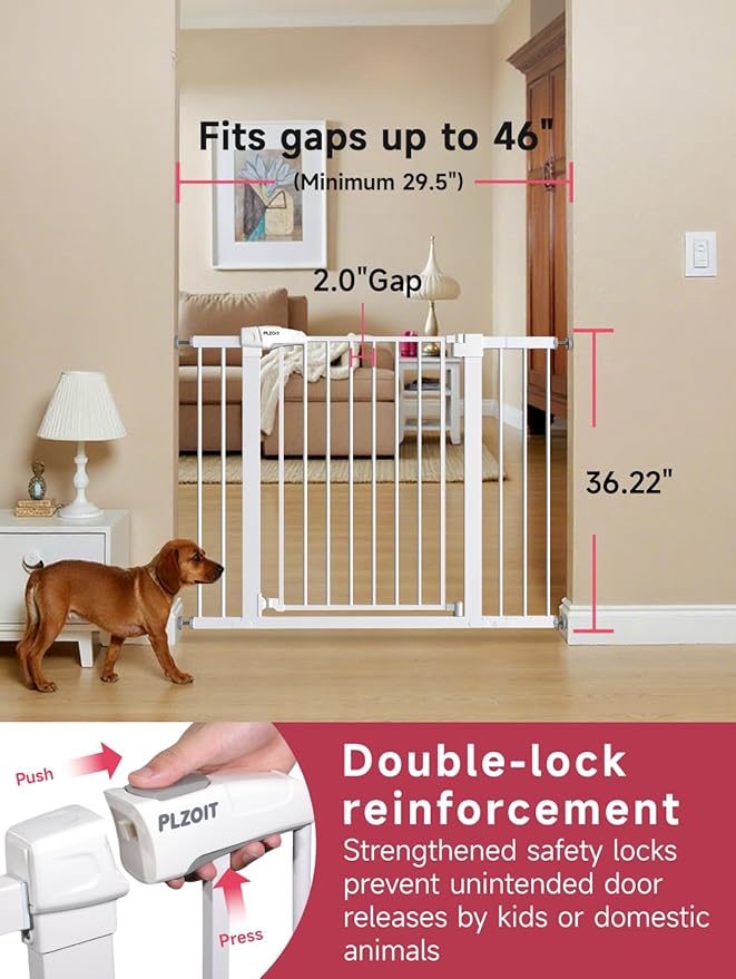 36.2" Extra Tall Baby Gate for Stairs, 29.5-46" Wide Dog Gate for Doorways, Walk Thru Auto Close Metal Child Gate for The House, Stairs and Doorways, Pet Gate Pressure Mounted Dog Gate Indoor (White)