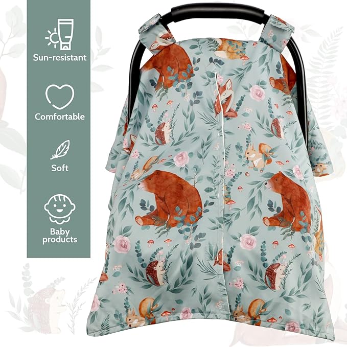 TANOFAR Car Seat Cover Baby, Carseat Covers Baby Boy Girl, Peekaboo Opening Infant Car Seat Cover for Winter, Warm & Cozy, Woodland Animals