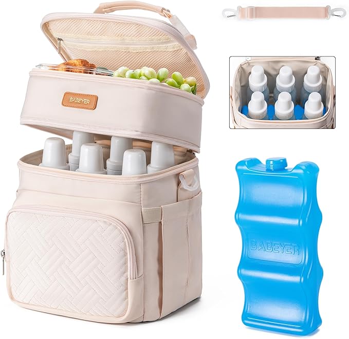 Insulated Breastmilk Cooler Bag with Ice Pack - Holds 6x9oz Bottles, Leakproof Double Layer, Adjustable Strap for Nursing Moms, Daycare & Travel,Pearl White