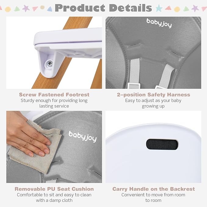 BABY JOY Convertible Baby High Chair, 3 in 1 Highchair w/Adjustable Legs, Dishwasher Safe Tray, Detachable PU Cushion, Footrest, 5-Point Harness for Babies Infants Toddlers (Gray)