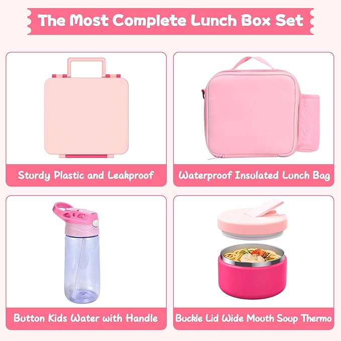 Kids Bento Lunch Box with 8oz Soup Thermo, Water Bottle, Leakproof Lunch Food Containers with 4 Compartment, Kids Insulated Hot Food Jar with Lunch Bag for School(Pink)
