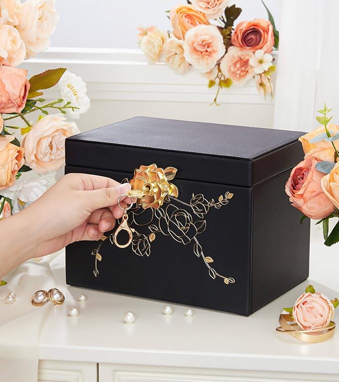 Jewelry Box with Lock for Girls: Jewelry Organizer for Dresser - 3-Drawer Earrings Storage Girls Women Gift (Black)