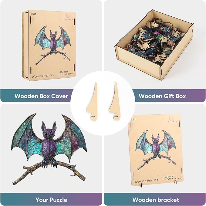 Wooden Puzzles for Adult -Bat Shaped Puzzls,300 Pieces,Unique Design Irregularly Shaped Wooden Jigsaw Puzzles for Adults and Kids,Family Game Puzzle Gifts, Halloween Jigsaw Puzzle,13.2 * 12.5Inch