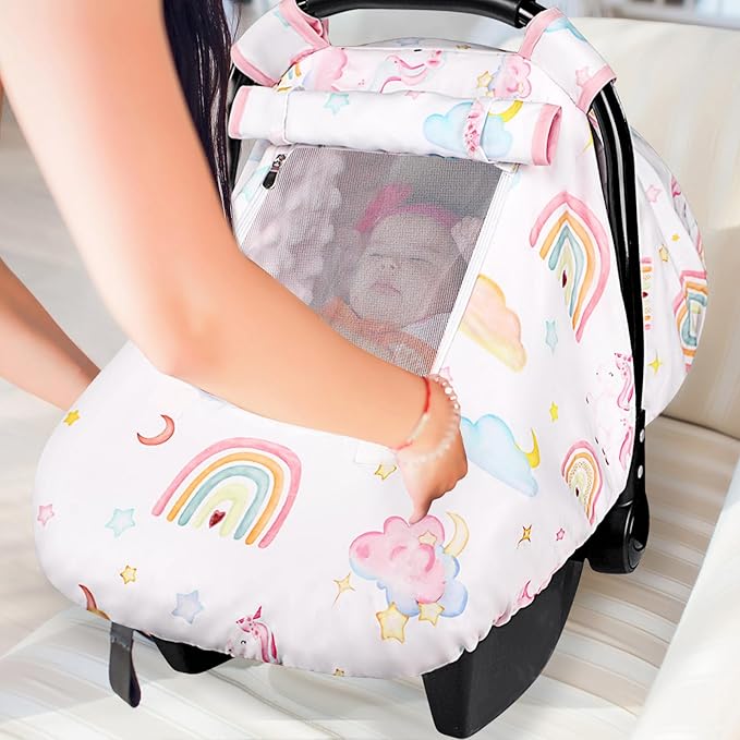 Baby Carseat Cover Girls, Pea Pod Unicorn Infant Car Seat Covers Canopy for Newborn with 2 Layers Windows of Breathable Mesh/Fabric, Lightweight Polyester/Minky Dot Backing, Snug Fit