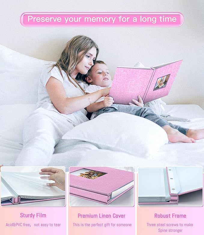popotop Photo Album Self Adhesive with Picture Display Window,40 Pages DIY Scrapbooking Supplies Kit for 4x6 10x12 Picture,Linen Cover Memory Book for Baby Wedding, with Scraper and Metallic Pen