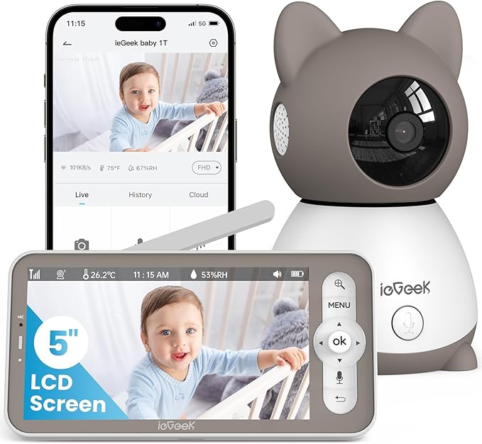 ieGeek Baby Monitor with 2K Camera and Audio - Video Monitor with 5" Screen - Night Vision, Two-Way Talk, Cry & Motion Detection, Temper& Humidity Sensor, PTZ, Remote Control via Screen and Free APP