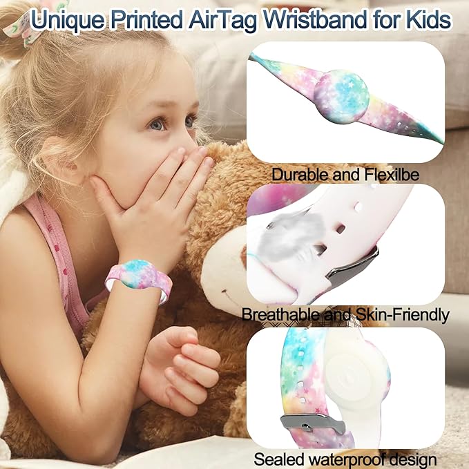 4 Pack Waterproof AirTag Bracelet for Kids, Hidden Printed Wristband for Apple Air Tag, Silicone AirTag Holder GPS Tracker Case for Band for Child Toddler, Secure Anti-Lost Protection