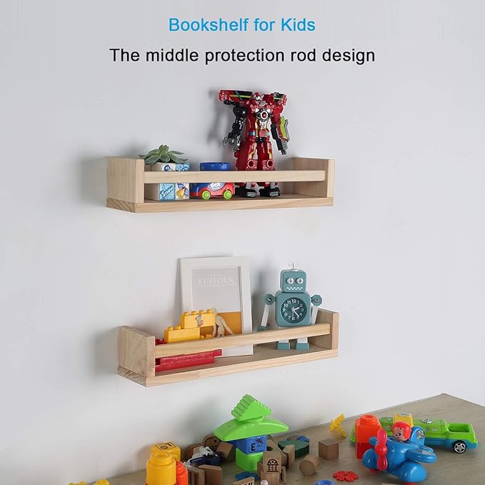 Nursery Floating Book Shelves for Kids Room, Kitchen Spice Rack, or Rustic Wall Mounted Shelves for Farmhouse Bathroom Decor (Natural Wood),Set of 2