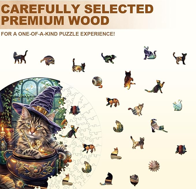 KAAYEE Wooden Puzzles for Adults, 3D Visual Effect Magic Feline Cat Wooden Jigsaw Puzzle Unique Shape Wood Puzzle Adult, 3D Effect Flat Puzzle Birthday Family Game (L-13.4 * 13.4 in-280pcs)