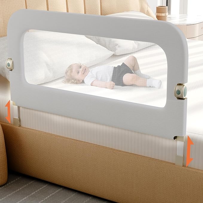 Bed Guard Rail for Toddlers - 47inch Foldable & Adjustable Height Baby Bed Safety Side Rails - Large Toddler Crib Railing Guard for Twin, Bunk, Full Size, Queen & King, Full Size Bed Grey