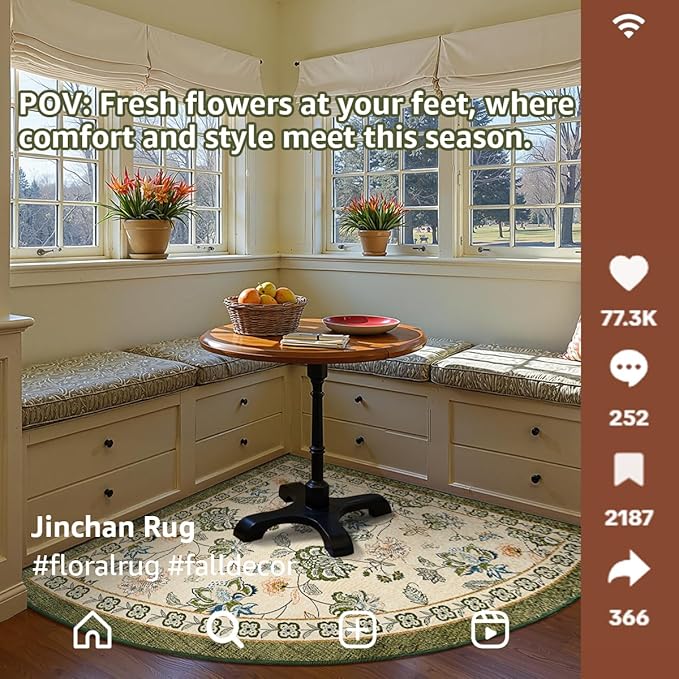 jinchan Floral Corner Rug for Kitchen Washable Nursery Rug Vintage Romance Design Non Slip Quarter Circle Lightweight Low-Pile Throw Carpet for Playroom Reading Nook Office, 5ft Radius, Green/Beige