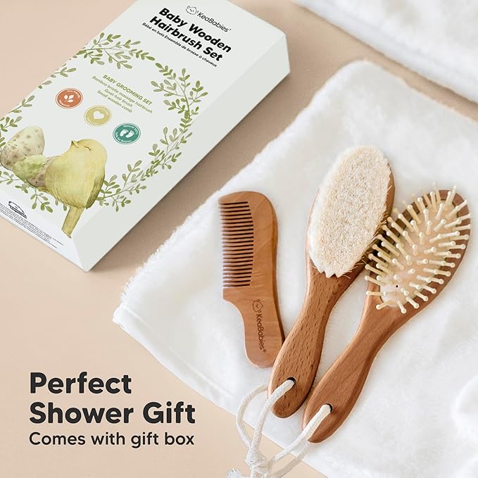 Baby Hair Brush and Comb Set for Newborn - Wooden Baby Hair Brush Set with Soft Goat Bristle, Baby Brush Set for Newborns,Baby Brush and Comb Set Girl, Boy,Toddler Cradle Cap Brush (Oval, Dark Walnut)
