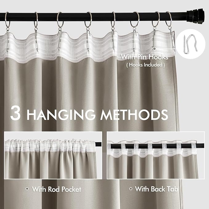 MIULEE Stone Back Tab Blackout Curtains 63 Inch Length 2 Panels Set for Living Room Bedroom Privacy, Rod Pocket/Pinch Pleat Thermal Insulated Room Darkening Pleated Light Blocking Drapes