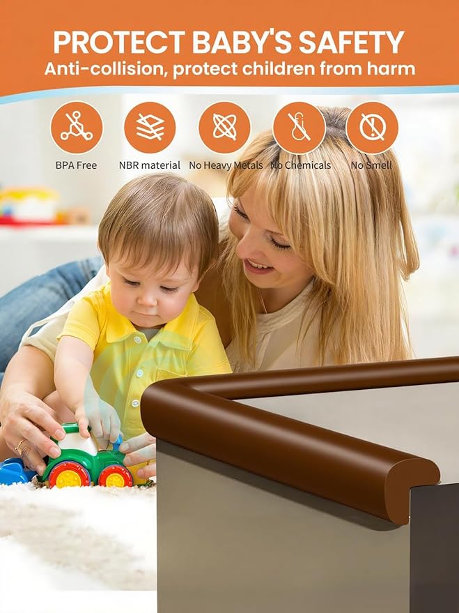 Baby Proof Edge Corner Protector, 6.56FT 0.47''Th L-Shape Furniture Corner & Edge Safety Bumpers with 6 Corners, Pre-Taped, Soft NBR Rubber Foam Desk Edge Cushion Wall Corner Protector（Coffee）