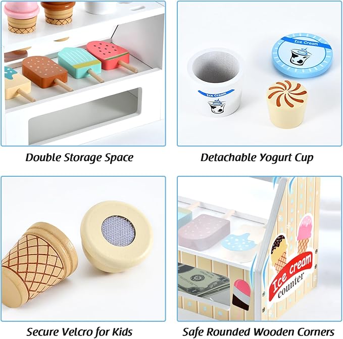 Wooden Ice Cream Toys Kids Play Store Pretend Toy for Toddlers, Play Kitchen Accessories with Scoop, Menu, Fake Money, Ice Cream Play Set Birthday Christmas Gifts for 3 4 5 6 Year Old Girls Boys