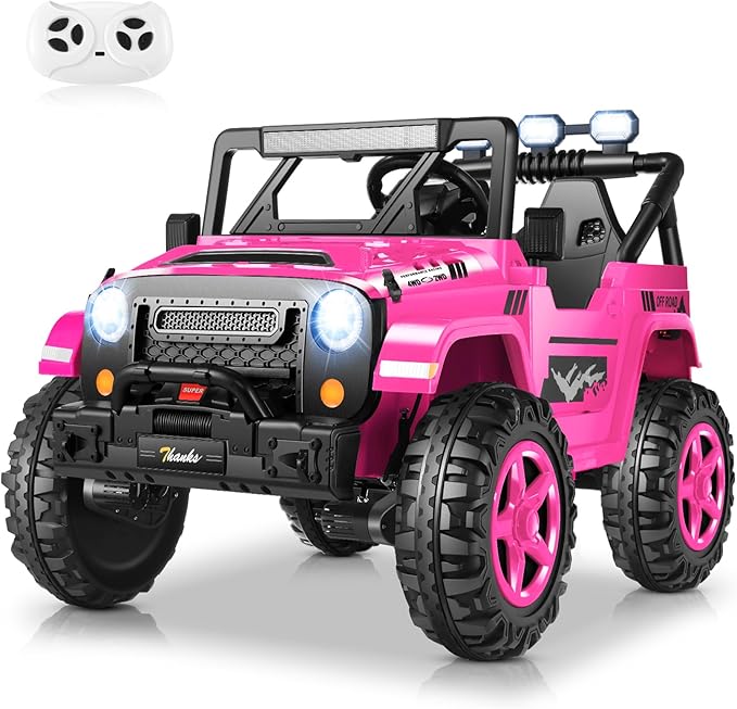 Hikole 24V 2 Seater Ride on Cars for Kids - Remote Control, 20" Spacious Seat, 4WD/2WD Switchable Electric Car with LED Lights, Bluetooth, 3 Speeds, Ride on Toys for Kids 3-8, Hot Pink