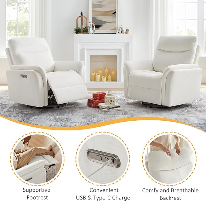 Power Recliner Chair Swivel Glider, Electric Rocking Recliner Chairs with USB and Type-C Ports, Nursery Chair Recliner for Living Room, Bedroom, Apartment（White）