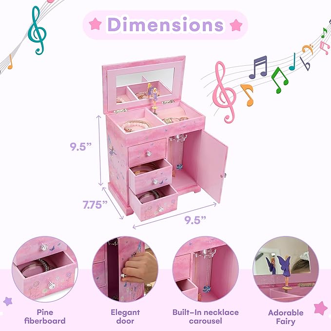 Jewelkeeper Jewelry Box - Jewelry Box for Girls with Ballerina Music Box - 3 Spacious Drawers, Necklace Carousel, Soft Pink Lining and Flowers Design - Sugar Plum Fairy Tune - 9.5 x 7.75 x 9.5 in
