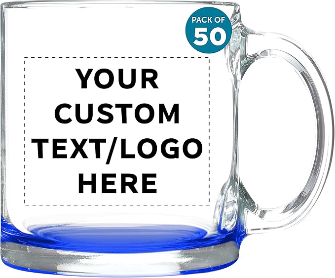 Custom Libbey Clear Glass Coffee Mugs 13 oz. Set of 50, Personalized Bulk Pack - Perfect for Coffee, Tea, Espresso, Hot Cocoa, Other Beverages - Blue Bottom