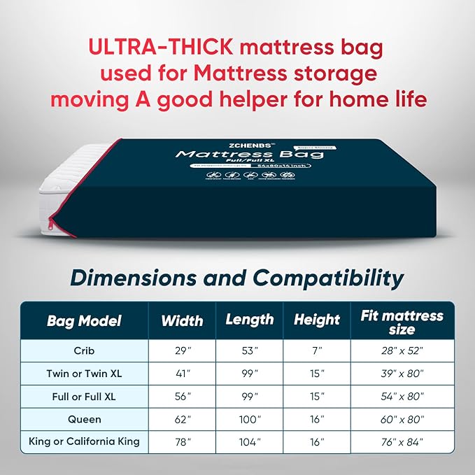 ZCHENBS® – Mattress Bags for Moving and Storage,Mattress Bag with Zippers,5 Mil Ultra-Thick Bed Bag,Waterproof,Anti-Tear,Heavy-Duty Mattress bag (Black, Full/Full XL-(2 Pack))
