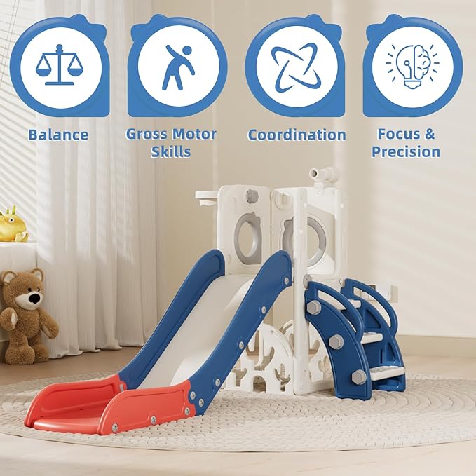 67i Toddler Slide for Kids - Foldable Indoor/Outdoor Plastic Slide with Basketball Hoop, Anti-Slip Steps, Safe & Durable Playground Equipment for 1-3 Years (Red Blue)