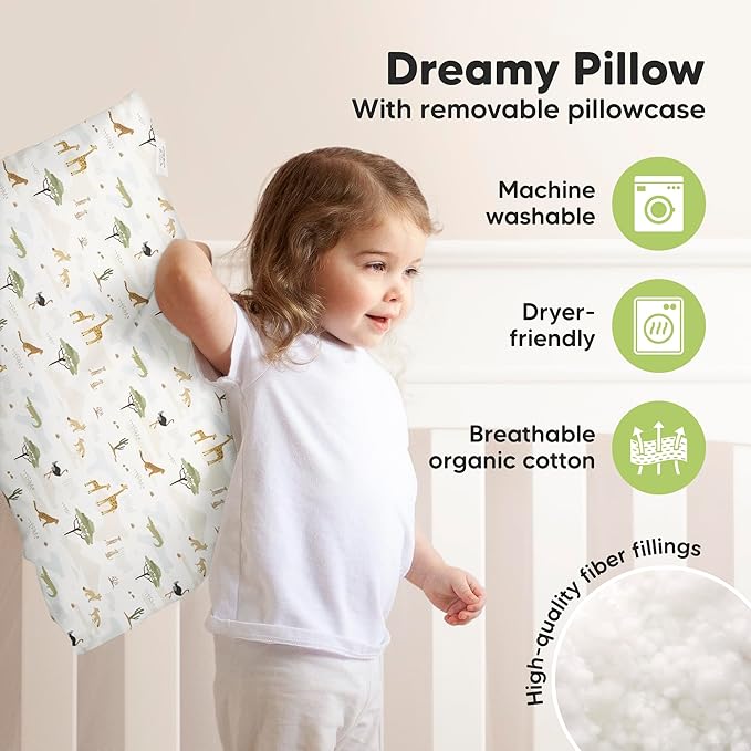 KeaBabies Toddler Pillow with Pillowcase, Jumbo 14X20 - Soft Organic Cotton Toddler Pillows for Sleeping - Machine Washable - Perfect for Travel, Toddler Bed Set (Grasslands)