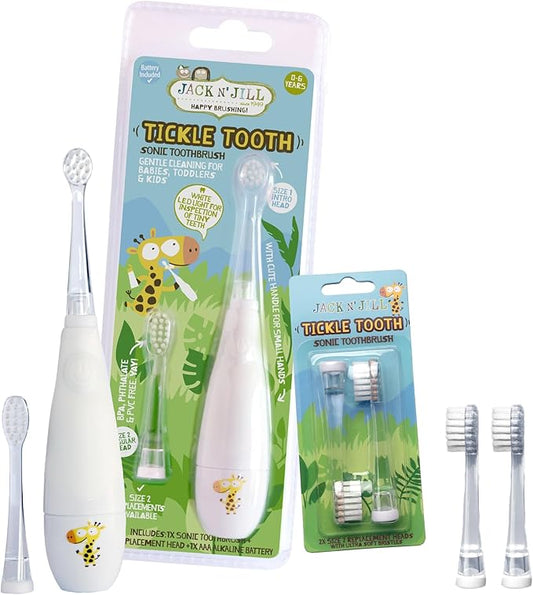 Jack N' Jill Tickle Tooth Toddler Electric Toothbrush with Replacement Head - Gentle Cleaning, Made for Tiny Teeth, LED Inspection Light, for Babies & Kids, Extra Soft Bristles - (1 Pack)