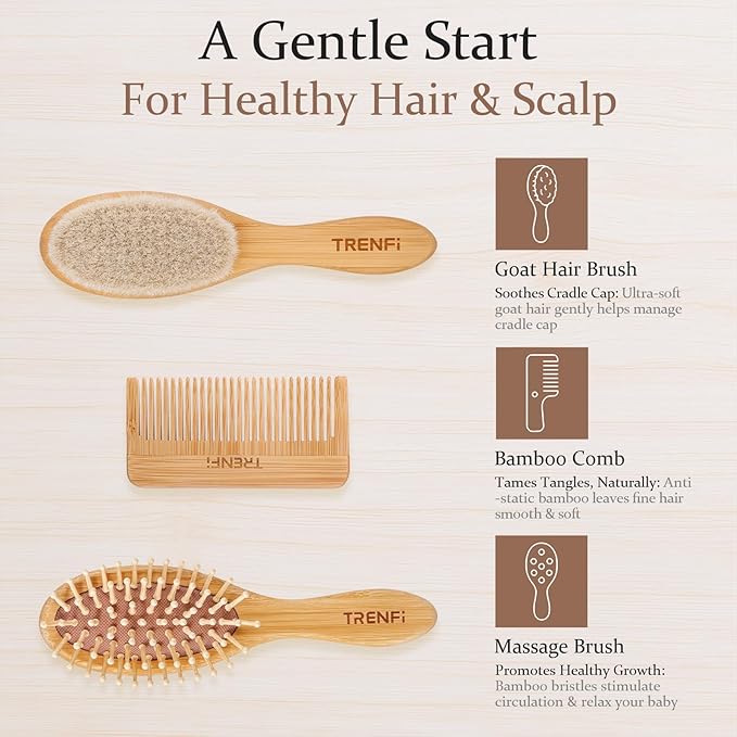 Bamboo Baby Brush and Comb Set (3-Piece) | Ultra-Soft Goat Bristle Newborn Hair Brush for Gently Soothing Cradle Cap | Natural Massage Brush & Toddler Comb | Perfect Baby Registry & Shower Gift
