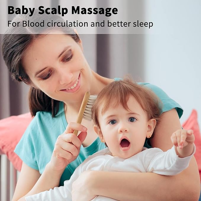 Goat Baby Hair Brush Set, Safe Natural Hair Care Kit with Wooden Soft Goat Bristles Hairbrush Comb Green Silicone Bath Brush for Newborns Toddlers (4pcs Set)