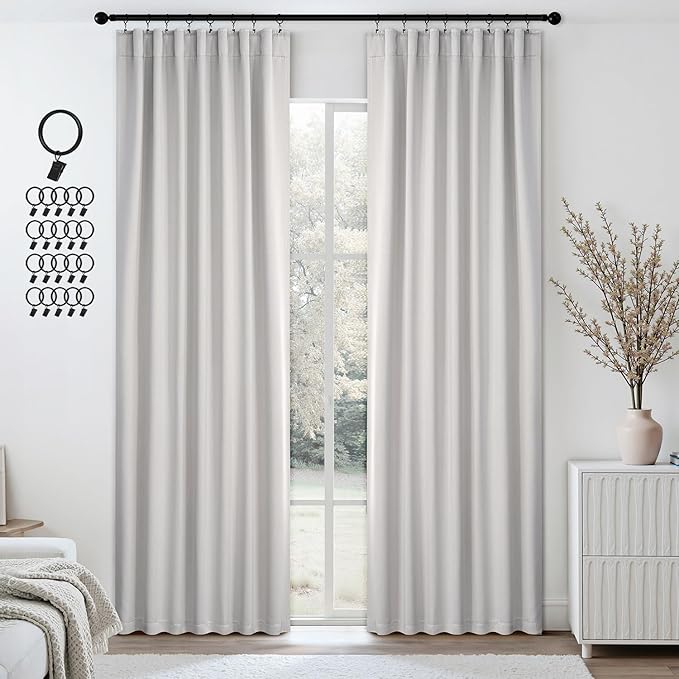 ANRODUO Back Tab Blackout Curtains for Bedroom Living Room, Rod Pocket Pinch Pleated Thermal Insulated Room Darkening Curtains 90 Inches Long 2 Panels, Greyish White, 42 x 90 Inch