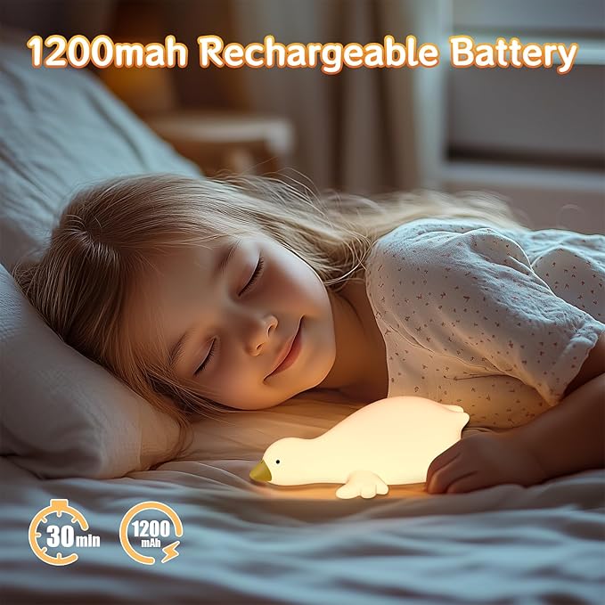 Goose Cute Night Light for Toddler,Kids,Baby, Lying Duck Nightlight Ambient LED Lamp for Bedside Sleeping Companion, Rechargeable Battery Powered, 30Min Auto-Off