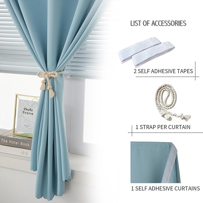 Self Adhesive Curtains, Black Out Shade for Window, Blackout Fabric Temporary Window Coverings Easy to Hang Curtains No Rod Needed, Use for Bedroom, Room, Kitchen, 59" W X 71" L, Lake Blue, 1 Panel