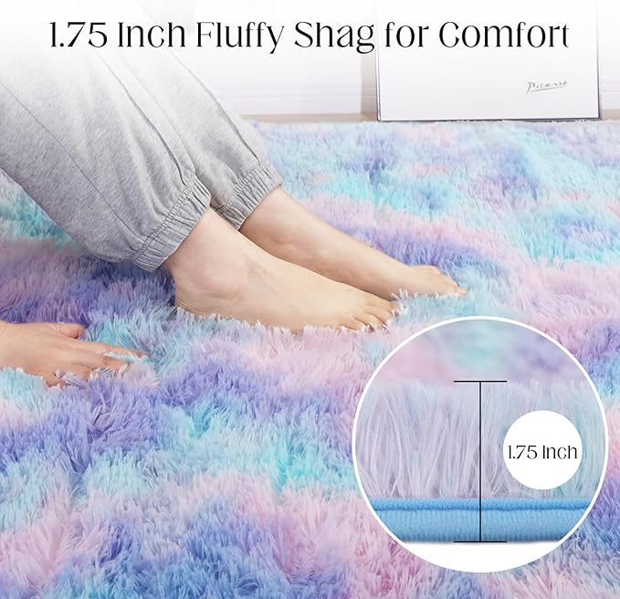 Rainbow Rug for Girls Room, 5x7 Fluffy Area Rugs for Bedroom, Colorful Kids Rug Cute Anti-Skid Indoor Carpet for Nursery, Living Room, Playroom, Home Decor