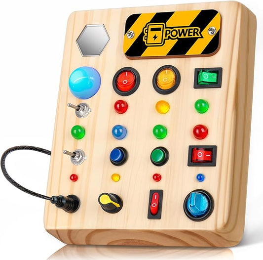Busy Board Montessori Toys for Toddler, Wooden Sensory Board Switch Toy with Shape Sorter LED Light Up Toys Educational Plane Travel Activity for Girls & Boys