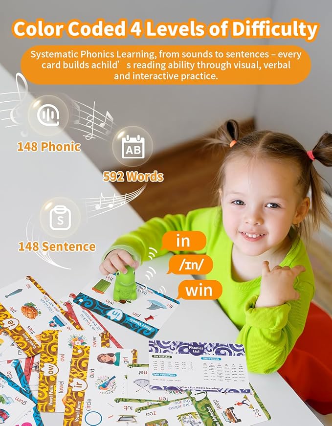 Interactive Dinosaur Talking Pen for Kids – Montessori Reading Toy with Phonics Flash Cards for Toddlers Ages 1-6, Speech Therapy & Autism Sensory Gift (Green, Phonics)