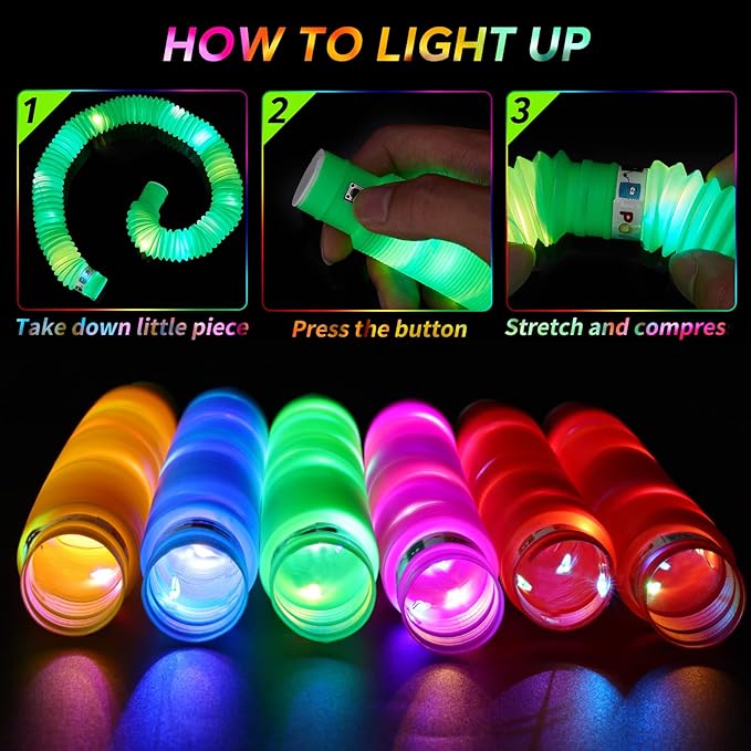 12 PCS Light Up Glow Sticks - LED Pop Tubes, Glow in The Dark Party Supplies, Sensory Toys Birthday Party Favors for Kids, Light Up Toys Goodie Bag Stuffers Gifts