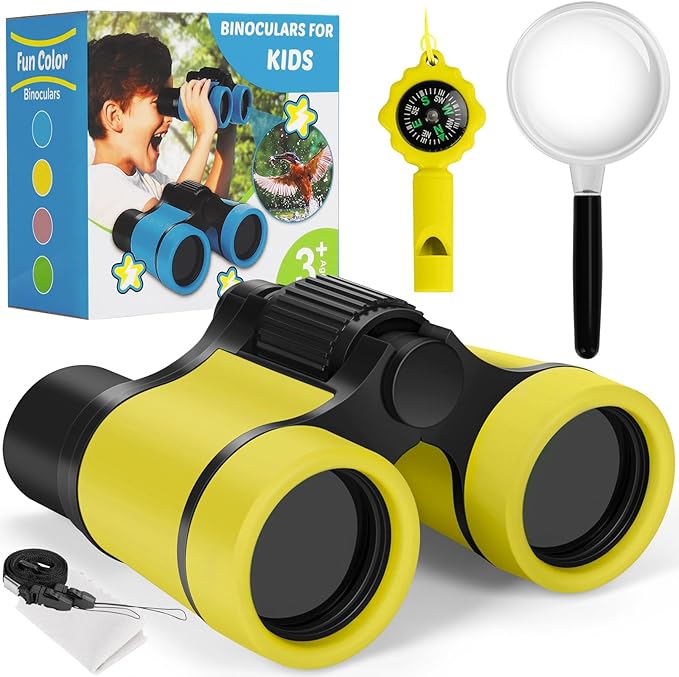 Binoculars for Kids, Kids Binoculars Toys for 3 4 5 6 7 8 Years Boys and Girls, Set with Magnifying Glass & Compass - Birthday Gifts Outdoor Toy for Kid Ages 3-8 Toddler Camping (Yellow)