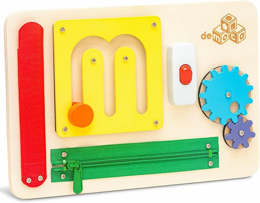 deMoca Montessori Busy Board for 1 Year Old, Premium Wooden Baby Busy Board, Airplane Toys for Toddlers 1-3, Car Travel Essential, Gift for Boys & Girls
