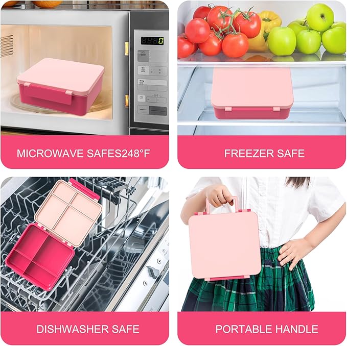 Kids Bento Lunch Box with 8oz Soup Thermo, Water Bottle, Leakproof Lunch Food Containers with 4 Compartment, Kids Insulated Hot Food Jar with Lunch Bag for School(Pink)