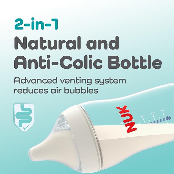 NUK Perfect Match 2-in-1 Natural and Anti-Colic 8oz Bottle with Adaptable Medium Flow Nipple, 2 Pack