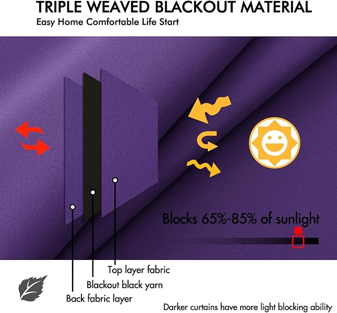 ANRODUO Back Tab Blackout Curtains for Bedroom Living Room, Rod Pocket Pinch Pleated Thermal Insulated Room Darkening Curtains 72 Inches Long 2 Panels, Purple, 42 x 72 Inch