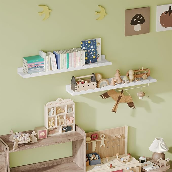 Fixwal Nursery Shelves, 16.5 Inch Floating Bookshelves for Wall Set of 4, Scalloped Wall Book Shelves with Towel Rack for Kids, Toddler Room, Baby Room, Nursery Decor and Storage(White)