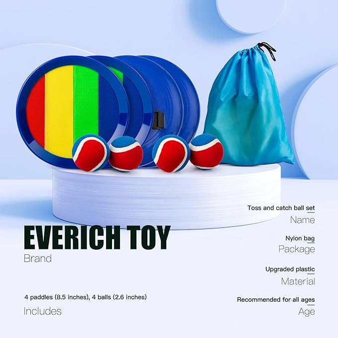 EVERICH Upgraded Toss and Catch Ball Game Set - Indoor and Outdoor Games for Kids 3-12, Beach Sand Pool Water Toy Includes 4 Paddles 4 Sticky Balls, Great Birthday Easter Gifts for Boys Girls