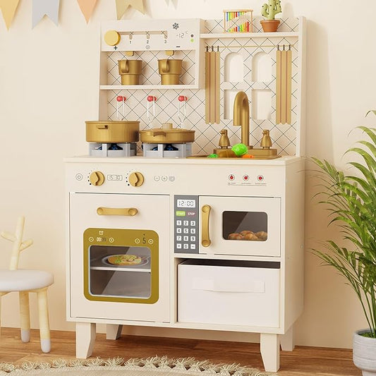 BIERUM Play Kitchen with Realistic Lights & Sounds, Wooden Kitchen Playset Chef Pretend Play Set for Toddlers, Toy Kitchen with 26 Pcs Toy Food & Cookware Accessories, Gift for Ages 3+