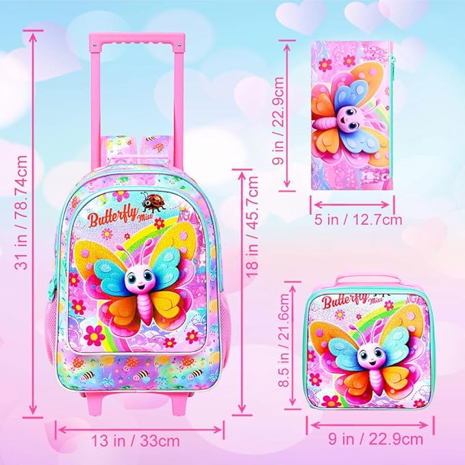 gxtvo Girls Rolling Backpack, Cute Butterfly Roller Wheels Kids Bookbag - Wheeled Elementary School Bag - 3PCS Butterfly